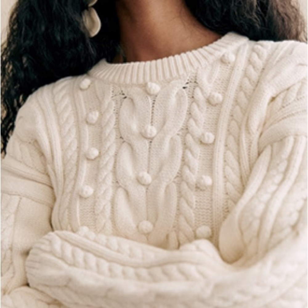 Sezane Cream Cable-Knit Pom Crewneck Sweater